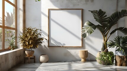 A 3D rendered mockup of a simple white background wooden frame hanging on a light colored wall showcasing a minimalist and modern interior design with natural daylight illumination