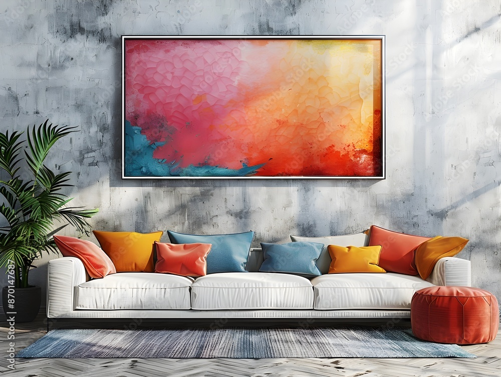 Poster visually striking 3d rendered mockup of a vibrant abstract expressionistic painted frame hanging on 