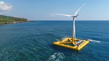 A floating wind turbine prototype being tested in a windy ocean location, with engineers monitoring its performance.