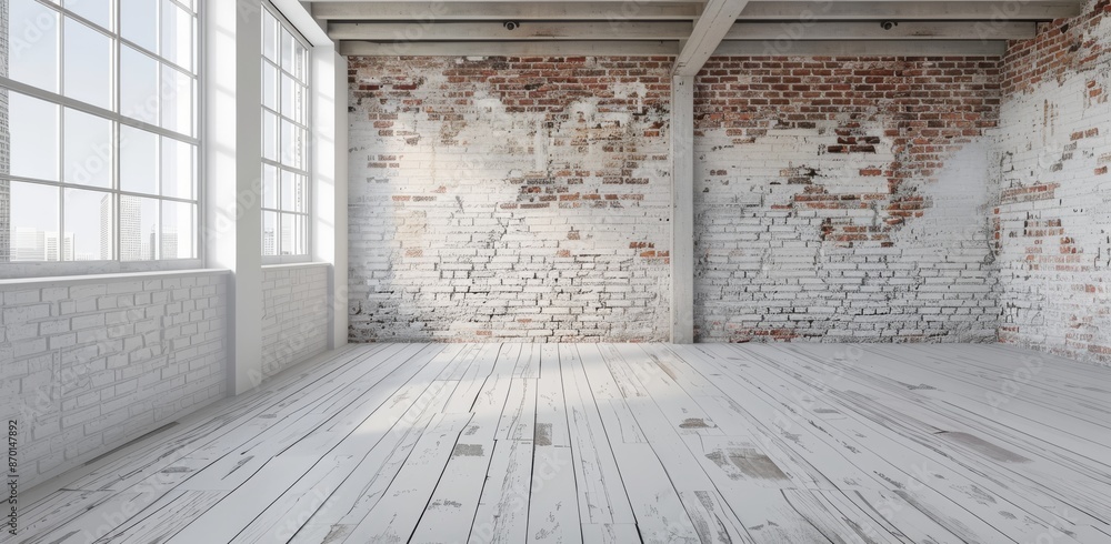 Poster spacious empty loft with weathered brick walls and large windows in an industrial style building