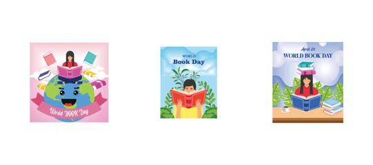World Book Day background. Celebration of World Book Day. April 23. Cute Girl with books. Set flat vector modern illustration
