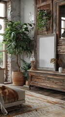 Rustic Wooden Frame Mockup Propped on Reclaimed Wood TV Stand with Muted Tones and Earthy Vibe for Cozy Farmhouse Inspired Living Room Decor