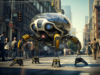 Fototapeta premium Futuristic spider in the city at night.