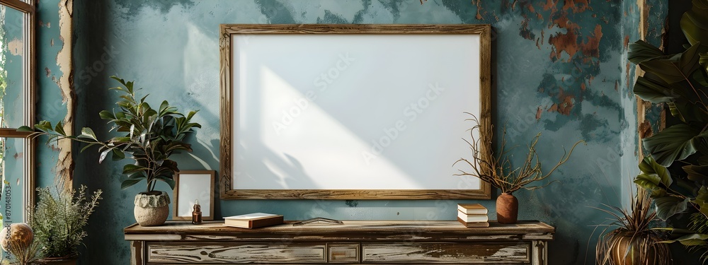 Poster 3d rendered mockup of a rustic raw edged wooden frame placed on a distressed wooden console in a coz