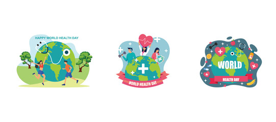 World Health Day is celebrated on April 7. Group of people around the world living a healthy lifestyle World Health Day. The Importance of Health and Lifestyle. Set flat vector modern illustrations