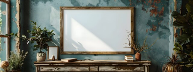 3D Rendered Mockup of a Rustic Raw Edged Wooden Frame Placed on a Distressed Wooden Console in a Cozy and Inviting Home Library Setting with Muted Tones and a Farmhouse Chic Decor
