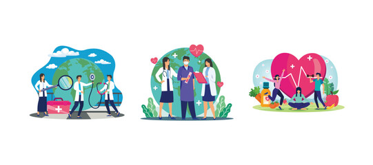 Doctor checking world health with stethoscope on world health day. World Health Day. World Health Day concept with people characters exercising. Set flat vector modern illustration