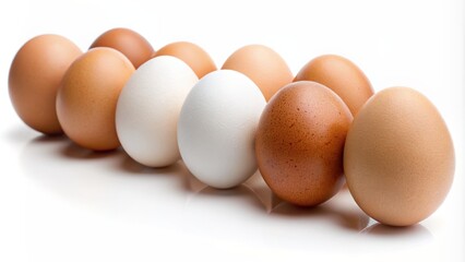 Freshly laid brown and white chicken eggs arranged in a neat row on a clean white studio background.