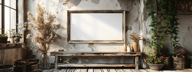 A 3D rendered mockup of a raw edged distressed wooden frame placed on a console in a cozy farmhouse inspired home studio setting