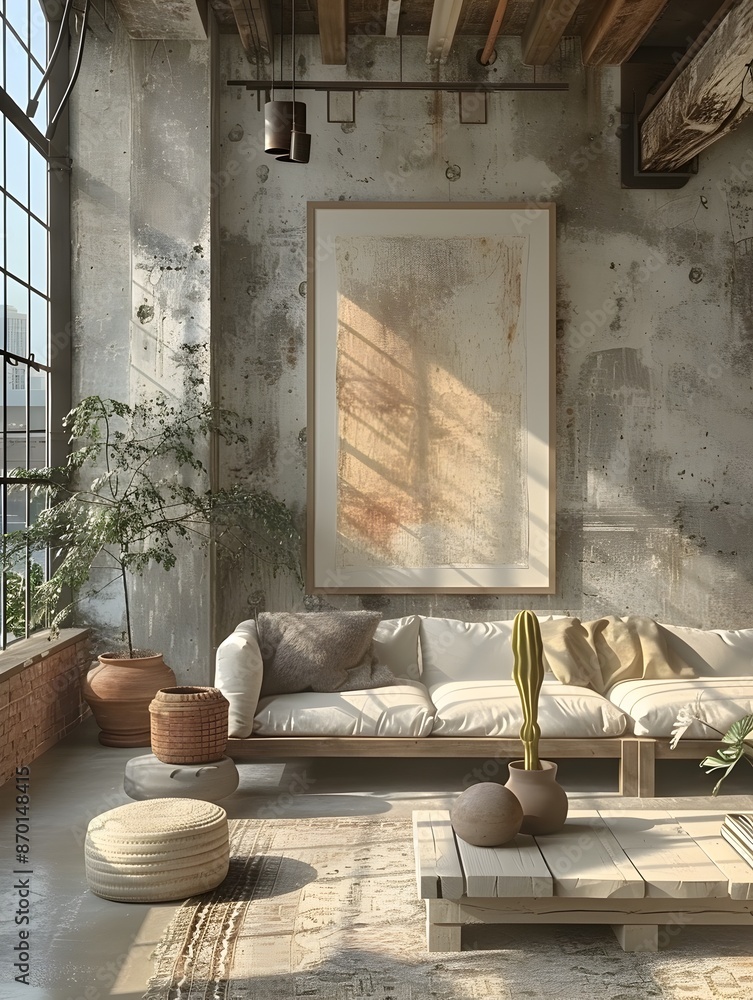 Poster minimal mockup of a sleek white background frame in an airy loft setting with concrete walls industr