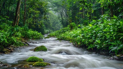 Fototapeta premium A flowing river through a dense forest, representing the journey of life and persistence.