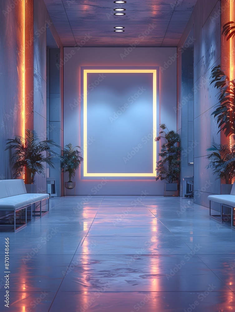 Poster a 3d rendered mockup of a white background frame in a minimalist futuristic office space setting the