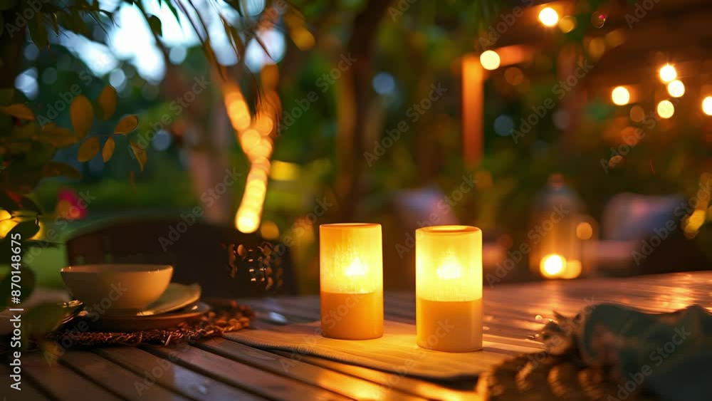 Poster soft candlelight flickering on the table adding warmth and ambiance to the natural setting.