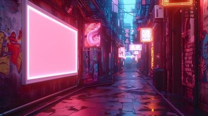 A 3D rendered mockup of a white background frame set against a vibrant neon lit alleyway with...
