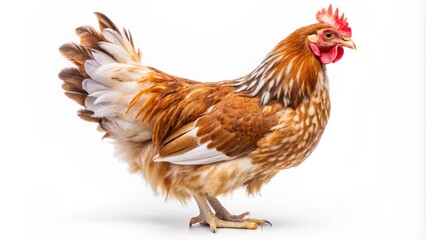Fototapeta premium Brown and white feathered chicken hen stands confidently with vibrant plumage against a clean, isolated, bright white background.
