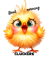 Fototapeta premium Illustration of funny sarcastic baby chicken in funny pose. Surprised, scared look. Big eyes. Disheveled feathers. Halloween illustration. Funny image. sarcastic quotes