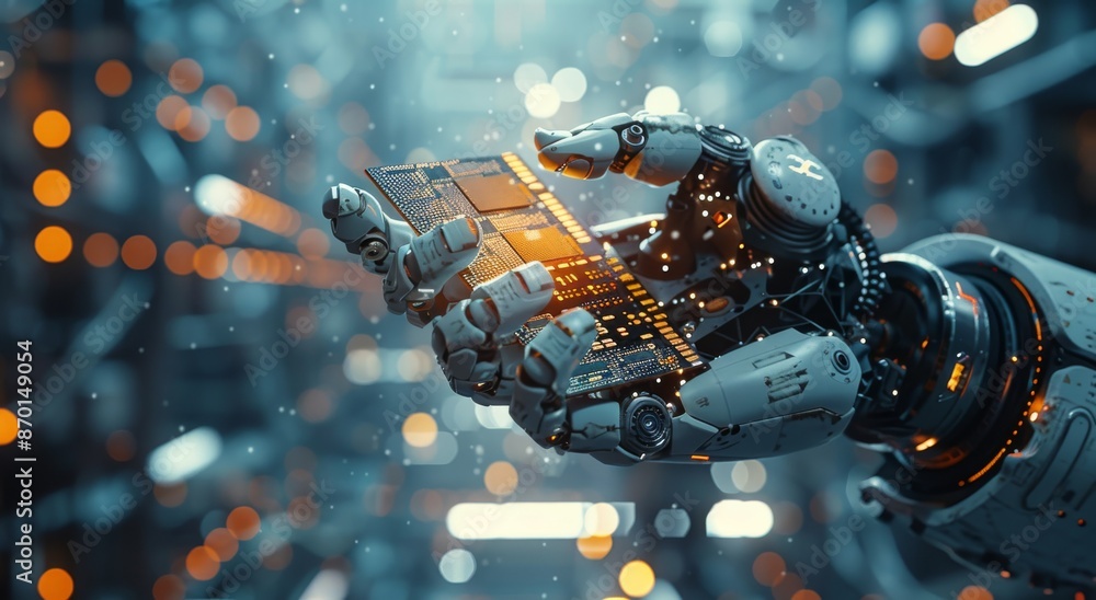 Aufkleber robotic arm holding a microchip in a high-tech industrial setting
