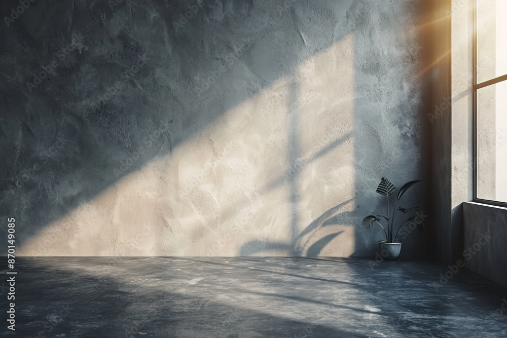 Poster a large window in a room with a plant in a pot. the room is empty and has a very clean and simple lo
