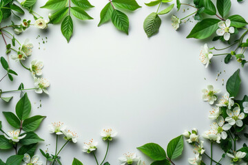 A white background with a green border and a variety of flowers in the center. The flowers are white and green, and they are arranged in a circular pattern