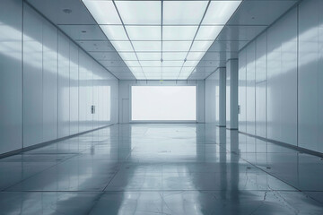 Obraz premium A large, empty room with a white wall and a large window. The room is empty and has a very clean, minimalist look