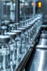 Obraz premium A high-tech factory with an assembly line producing clear glass vaccine bottles, showcasing modern machinery and precision engineering in mass production