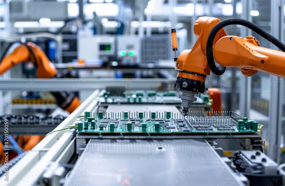 Poster robotic arm working on production line in modern factory setting