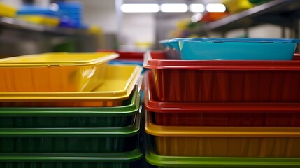 A stack of school lunch trays ready for distribution