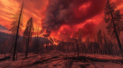 A forest wildfire raging through dry, scorched trees under a red sky filled with smoke and ash.