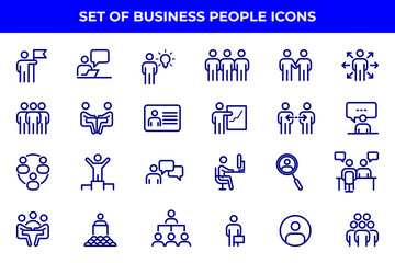 Simple Set of Business People Related Vector Line Icons. Contains such Icons as One-on-One Meeting, Workplace, Business Communication, Team Structure and more.