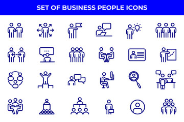 Simple Set of Business People Related Vector Line Icons. Contains such Icons as One-on-One Meeting, Workplace, Business Communication, Team Structure and more.