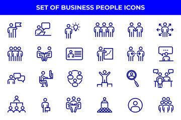 Simple Set of Business People Related Vector Line Icons. Contains such Icons as One-on-One Meeting, Workplace, Business Communication, Team Structure and more.