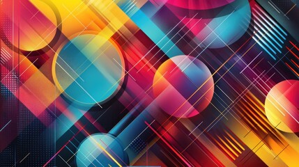 An energetic geometric background featuring an array of colorful shapes overlapping and interacting with each other. The design includes various polygons and circles in vibrant colors creating a
