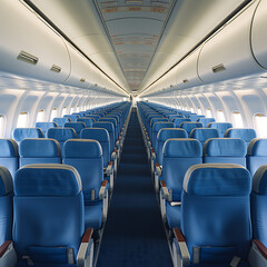 Interior of the airplane with blue seats and blue sky in the background