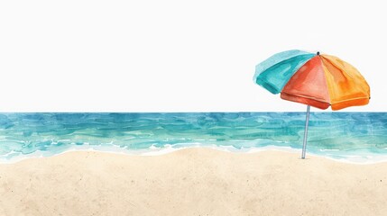 A serene watercolor beach scene with a multicolored umbrella, calm waves, and sandy shore, perfect for summer or vacation themes.