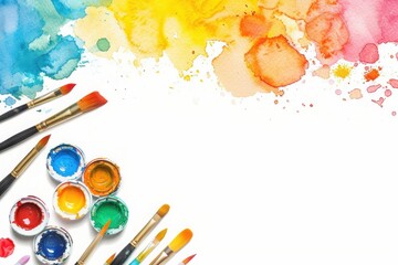 Fototapeta premium Colorful watercolor splash with assorted paintbrushes and paints on a white background. Perfect for art and creativity themes.