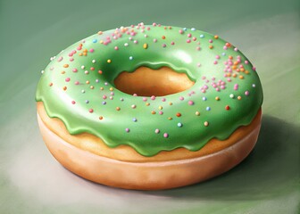 Delicious green donut with colorful sprinkles isolated on green background side view. 3d rendering picture.