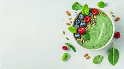 Healthy green smoothie bowl topped with fresh berries and nuts on a light background, perfect for a nutritious breakfast or snack.