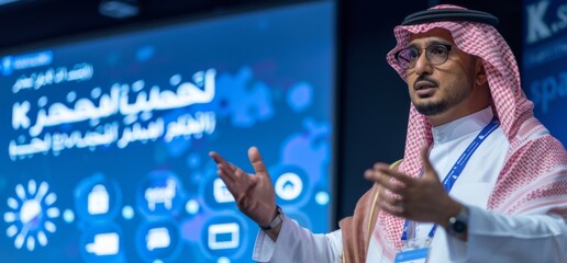 Saudi man giving a tech presentation at a conference