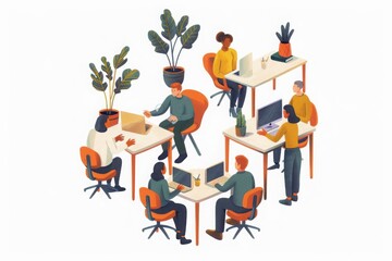 Illustration of a diverse group of colleagues working together in a modern office setting, promoting teamwork and collaboration.