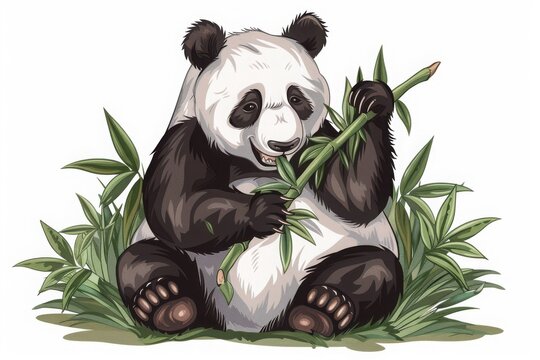 panda eating bamboo, black and white clip art preview