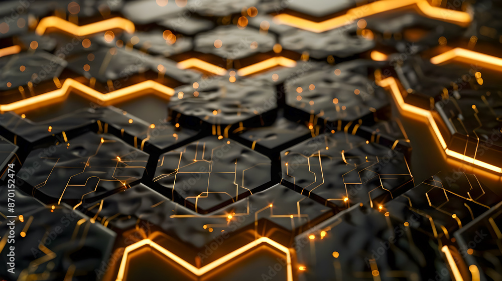 Poster colossal hexagonal metal structure with luminous golden energy threads weaving across the panels str