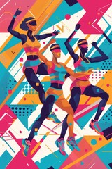 Three female runners in action, colorful abstract geometric background.