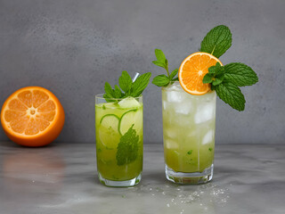 Fototapeta premium cocktail with lime and mint drink, cocktail, glass, lemon, ice, mint, cold, lime, mojito, green, lemonade, alcohol, fruit, beverageAi generated 