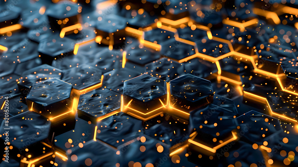 Poster towering hexagonal black metal backdrop with intricate golden energy lines shimmering and pulsing wi