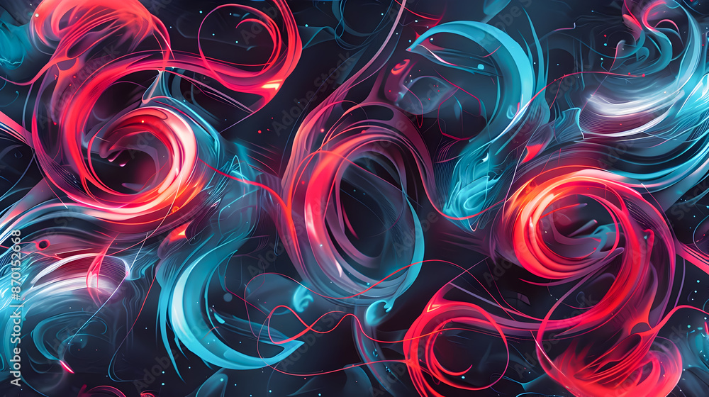 Poster hypnotic electrified neon swirls and shapes that intertwine on a seamless charcoal grey background w