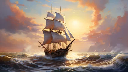 Foto auf Acrylglas Schiff Sailing ship in the sea at sunset, 3d illustration.  © Creative Laik