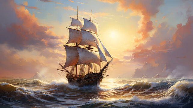 Sailing ship in the sea at sunset, 3d illustration.