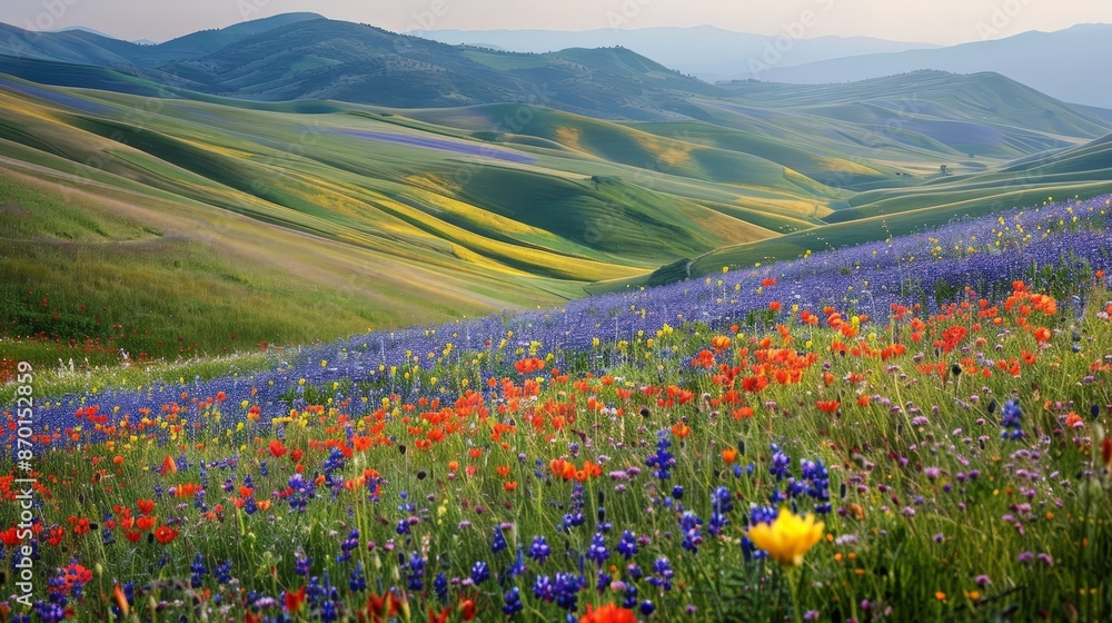 Poster rolling hills covered in wildflowers create a patchwork of colors, showcasing nature's ability to pa