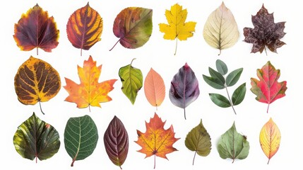 Obraz premium A collection of various colorful autumn leaves isolated on a white background, showcasing the diversity and beauty of fall foliage.