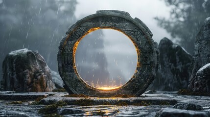 Ancient stone portal glowing with mystical light, surrounded by mist and forest, creating a magical and mysterious ambiance.